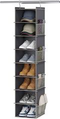 YOUDENOVA Upgraded Hanging Shoe Organizer for Closet, 8-Shelf, Grey | Extra Wide Design, 8 Side Pockets, Hanging Shoe Rack Hanger, Dorm Storage, Perfect for Storing Shoes, Hats, Clothes, Jeans