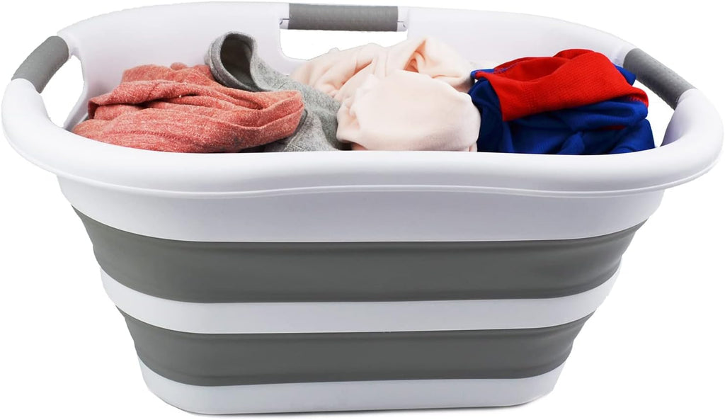 SAMMART 30L (7.9 gallon) Collapsible Plastic Laundry Basket - Foldable Pop Up Storage Container/Organizer - Portable Washing Tub - Space Saving Hamper/Basket (1, White/Grey)