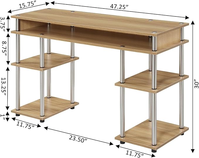 Convenience Concepts Designs2Go No Tools Desk Home Office Desk with Shelves, Corner Shelf Vanity Desk Computer Desk Nail Table for Nail Tech - 47.25" L x 15.75" W x 30" H, Light Oak