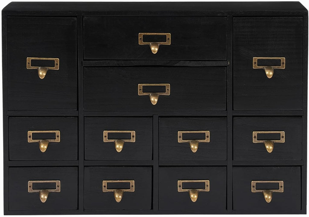 12-Drawer Wooden Storage Cabinet Organizer, Apothecary Cabinet Vintage Library Card Catalog Cabinets for Countertop Apothecary Tea Coffee Pod Storage (Black)