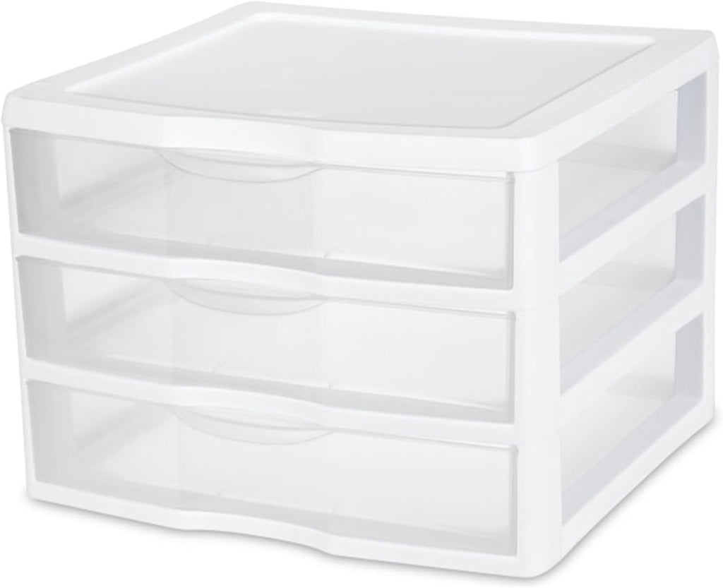 Sterilite 6-Pack Wide 3 Drawer Unit, Plastic Desktop Organizer with Clear Drawers, White Frame - Stackable Multi-Purpose Storage for Office Supplies, Craft Rooms, Classrooms and Home Organization