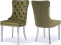 Velvet Upholstered Dining Chairs Set of 2, Modern Kitchen Side Chairs with Nailhead Trim and Silver Plated Leg, Metal Pulling Ring for Dining Room Living Room(Olive Green-Silver Plated Leg)