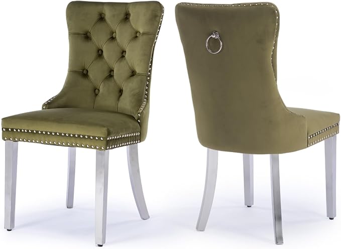 Velvet Upholstered Dining Chairs Set of 2, Modern Kitchen Side Chairs with Nailhead Trim and Silver Plated Leg, Metal Pulling Ring for Dining Room Living Room(Olive Green-Silver Plated Leg)