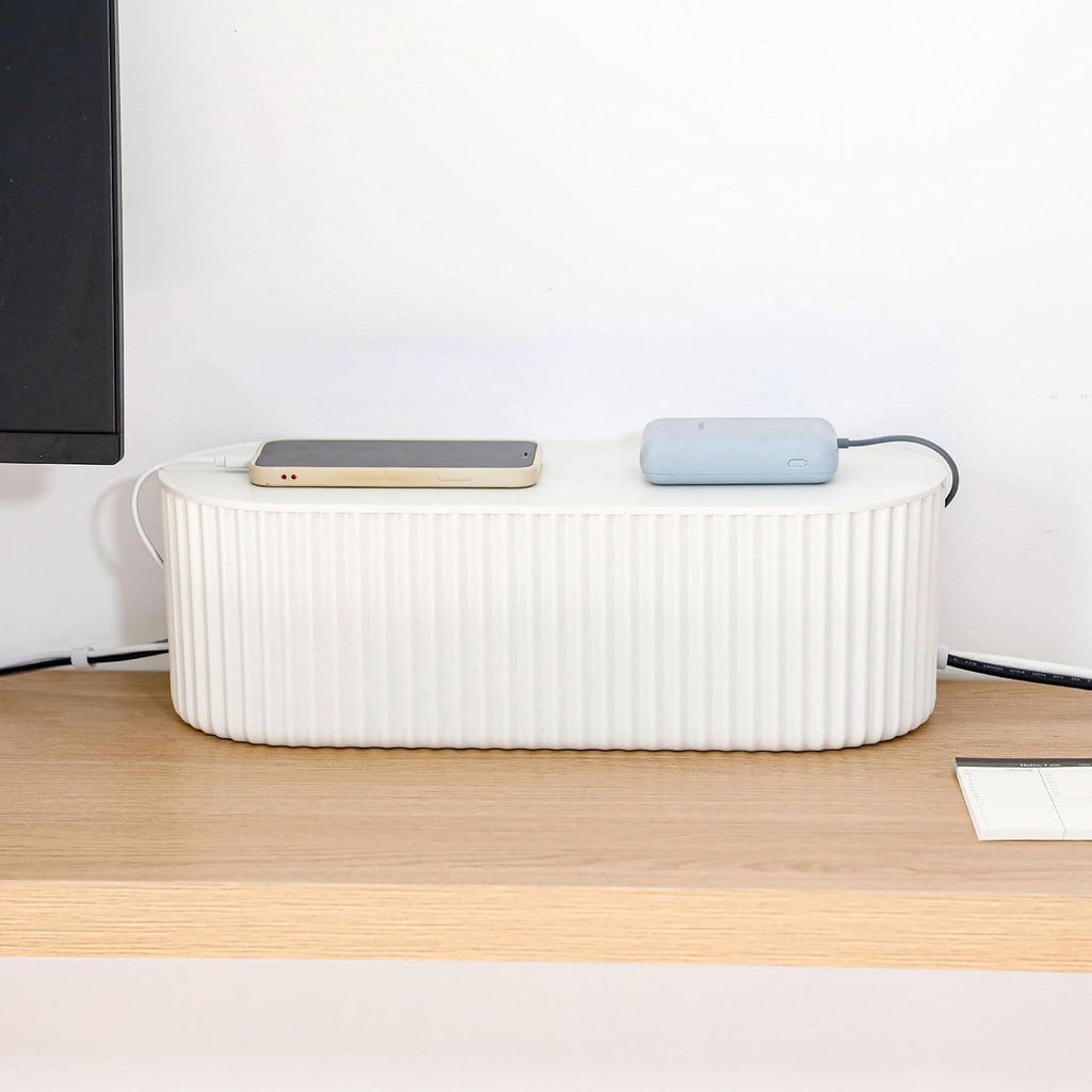 White Cable Management Box, Plastic Cable Box Organizer with Lid for Wire, Power Strip, Surge Protector, Extension Cords Hider Cover Under Home Office Desk and Floor (Large)