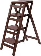 3 Step Ladder Folding Step Stool, Anti-Slip & Lightweight 3-Step Folding Portable Wooden Coffee Step Stool Counter Chair Multifunction Pine Wood Foldable Ladder for Home, Library, Capacity: 220lbs