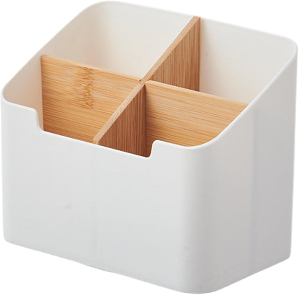 Remote Control Holder, Wood and Plastic Remote Control Holder with 4 Compartments, Multifunctional Desk Storage Organizer Box