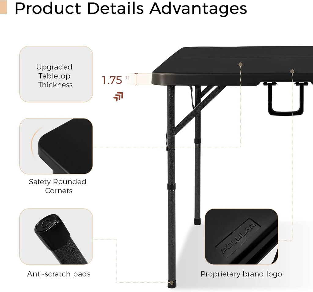 pollilar 34" Folding Card Table Square Foldable Table Plastic Portable with Detachable Legs, Dual Height Adjustable, Heavy-Duty Indoor Outdoor Dining, Game, Picnic, Mahjong Tables-Black