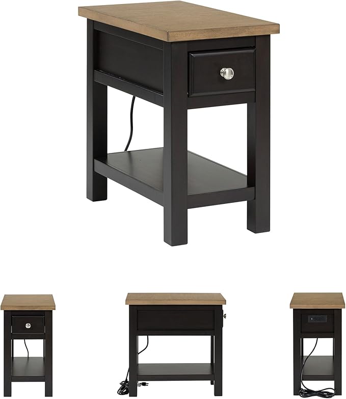 Signature Design by Ashley Drazmine Casual 1 Drawer Chair Side End Table with USB Charging Ports, 1 Lower Shelf and Power Cord, Light Brown & Black