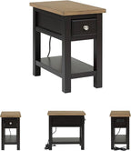 Signature Design by Ashley Drazmine Casual 1 Drawer Chair Side End Table with USB Charging Ports, 1 Lower Shelf and Power Cord, Light Brown & Black