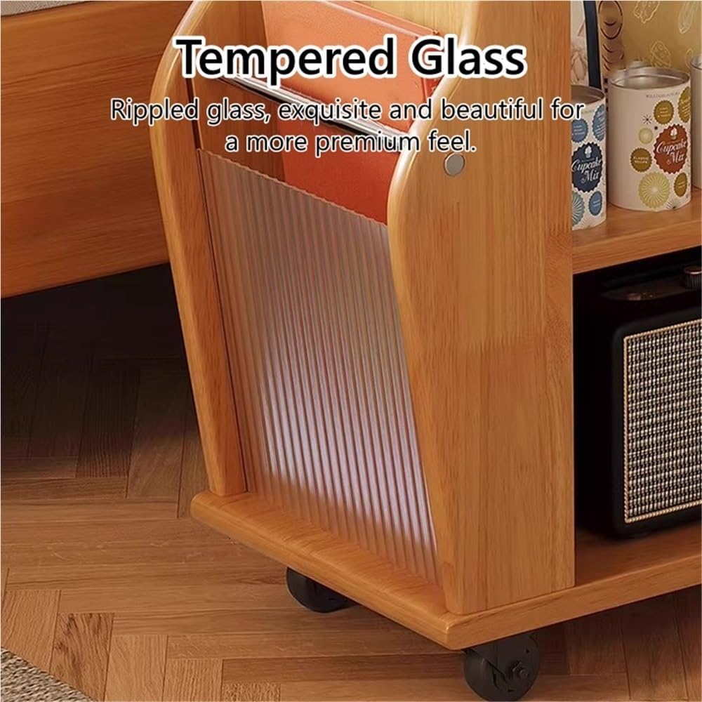 Movable Wood Side Tables with Casters, Rolling Table with Storage, Living Roo...