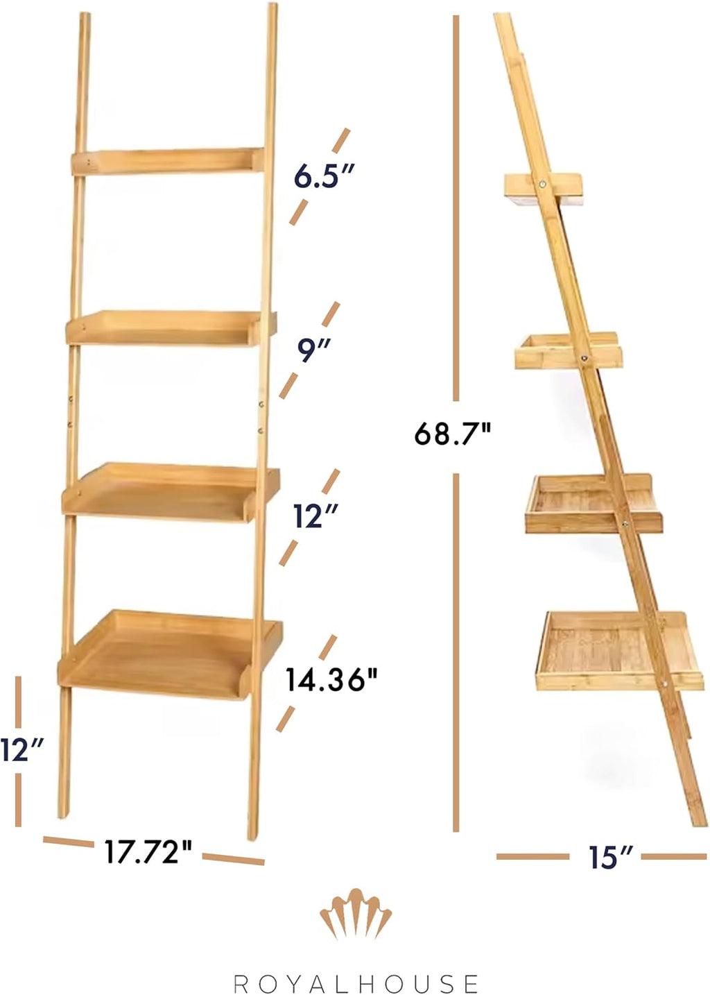 RoyalHouse Bamboo 4-Tier Ladder Shelf, Free Standing Storage Shelves, Plants Stand Display Shelf, Perfect Multi-Functional Book Shelf and Storage Rack for Living Room, Bedroom, Office
