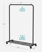 SONGMICS Clothes Rack with Wheels, Clothing Rack for Hanging Clothes, 25.4 mm Metal Garment Rack with Dense Mesh Storage Shelf, 110 lb Load Capacity, 2 Brakes, Black UHSR25BK