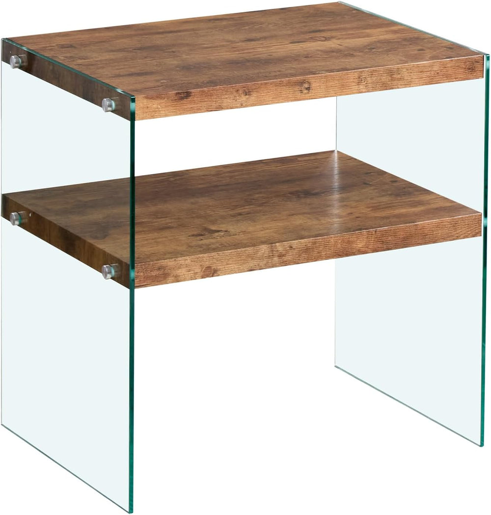 Glass Side Table Modern Design: Two-Tier Walnut MDF Frame & Tempered Glas...