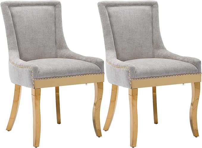 Upholstered Dining Chairs Set of 2, Modern Fabric Side Chairs with Gold Stainless Steel Legs, Accent Kitchen Chairs for Dining Room Table, Beige