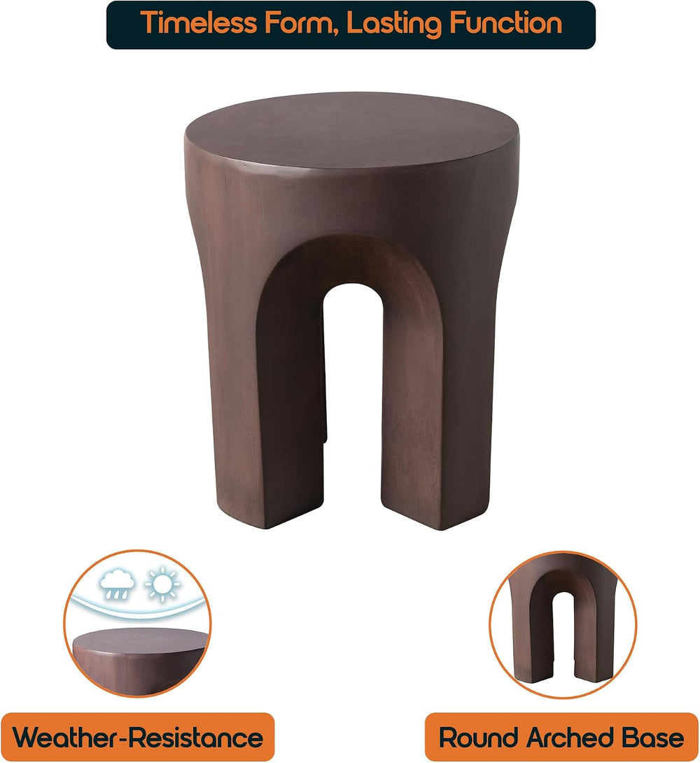 LeisureMod Round Side Table in Fiberstone with Arched Base Design Compact Wea...