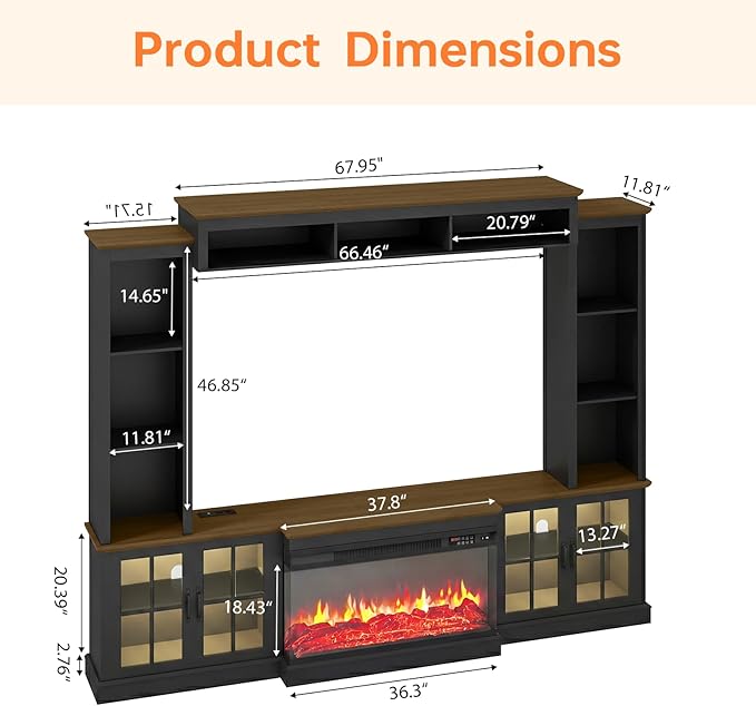 Black 98” Farmhouse TV Stand with Fireplace, Entertainment Center, Wall Unit Media Console with Bookshelf, Cabinet & Power Outlets & Barn Doors, Fits TVs Up to 75” for Living Room