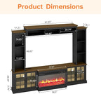 Black 98” Farmhouse TV Stand with Fireplace, Entertainment Center, Wall Unit Media Console with Bookshelf, Cabinet & Power Outlets & Barn Doors, Fits TVs Up to 75” for Living Room