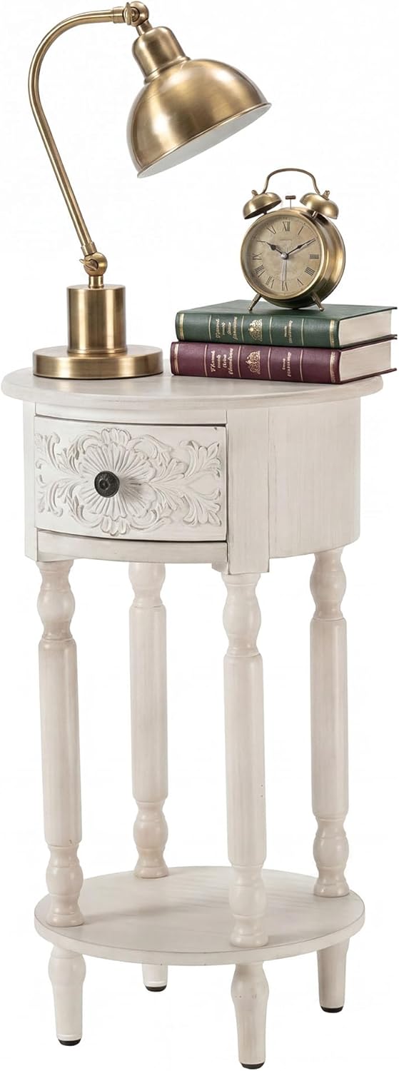 HOMPUS Farmhouse Nightstand with Drawer, Wooden End Table with Open Shelf, Vintage Bedside Table with Plumbago Flower Pattern, Small Side Table Accent Table for Bedroom, Small Spaces (White, 1 PC)