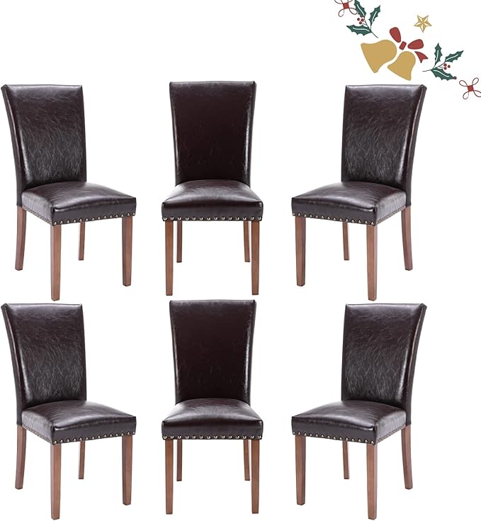Parsons Dining Chairs Set of 6, Upholstered Nailhead PU Leather Dining Room Kitchen Side Chair with Thick Cushions and Wood Legs, Dark Brown