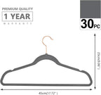 MIZGI Premium Velvet Hangers (30 Pack) Heavy Duty - Non Slip - Velvet Suit Hangers Gray - Copper/Rose Gold Hooks,Space Saving Clothes Hangers (Gray)