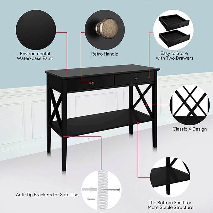 ChooChoo Console Table with Drawers, Narrow Wood Accent Sofa Table Entryway T...