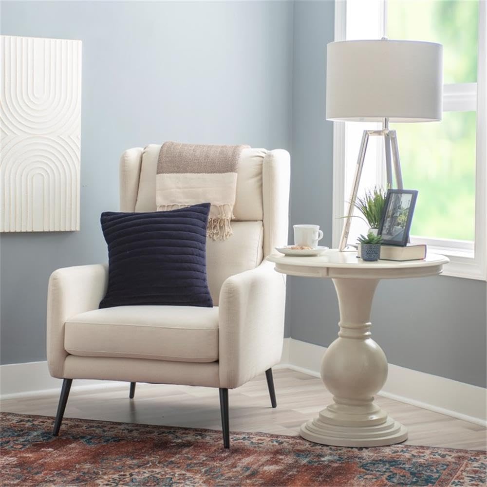 Pemberly Row Round Wood Accent Table, Cream Finish, 26 in Height, Pedestal Ba...