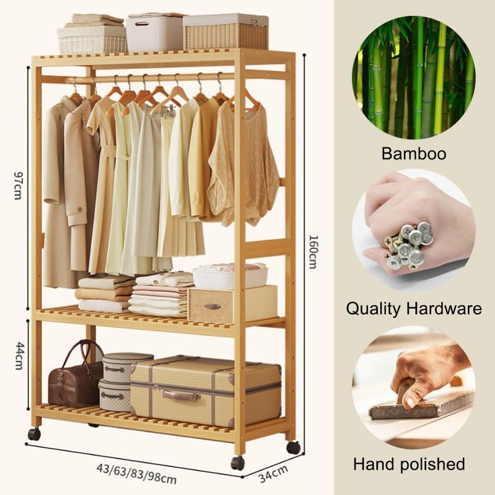 Bamboo Open Wardrobes with Wheels,Stable Clothes Rail with Rod and 2 Storage ...