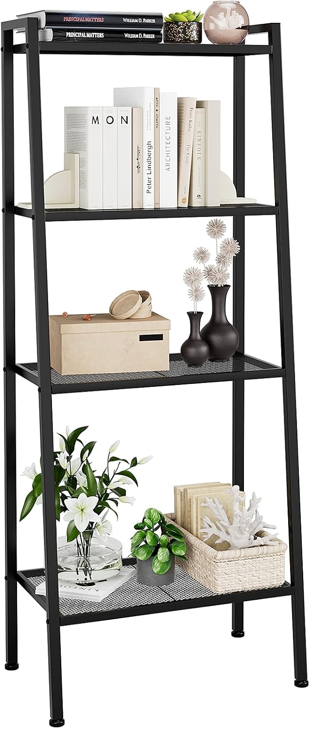 4 Tier Ladder Shelf, 23.6L x 13.8W x 57.9H Inch Industrial Bookcase Ladder-Shaped Plant Flower Stand Rack Storage Shelves for Living Room, Black (HSSC-1)