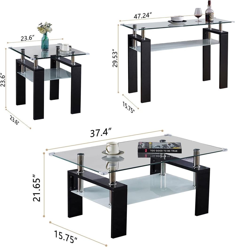 4 Piece Black Living Room Table Set, Rectangular Modern Glass Coffee Table, C...