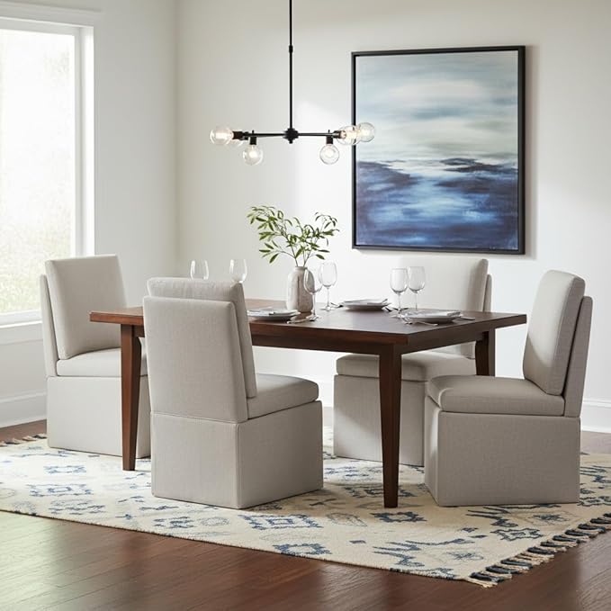 Upholstered Dining Chairs with Casters, Modern Dining Room Chairs Set of 4 with Hidden Storage & 4 Wheels, Single Sofa Chair for Kitchen, Reading Room, Waiting Room, Linen (2 Box)