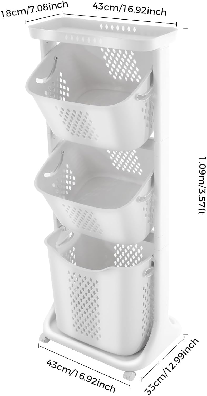 3 Tier stackable Laundry Basket Sorter Portable Rolling Cart Clothes Storage Porous Design With Wheels For Clothes Toiletries Bathrooms Laundry Rooms Bedrooms White