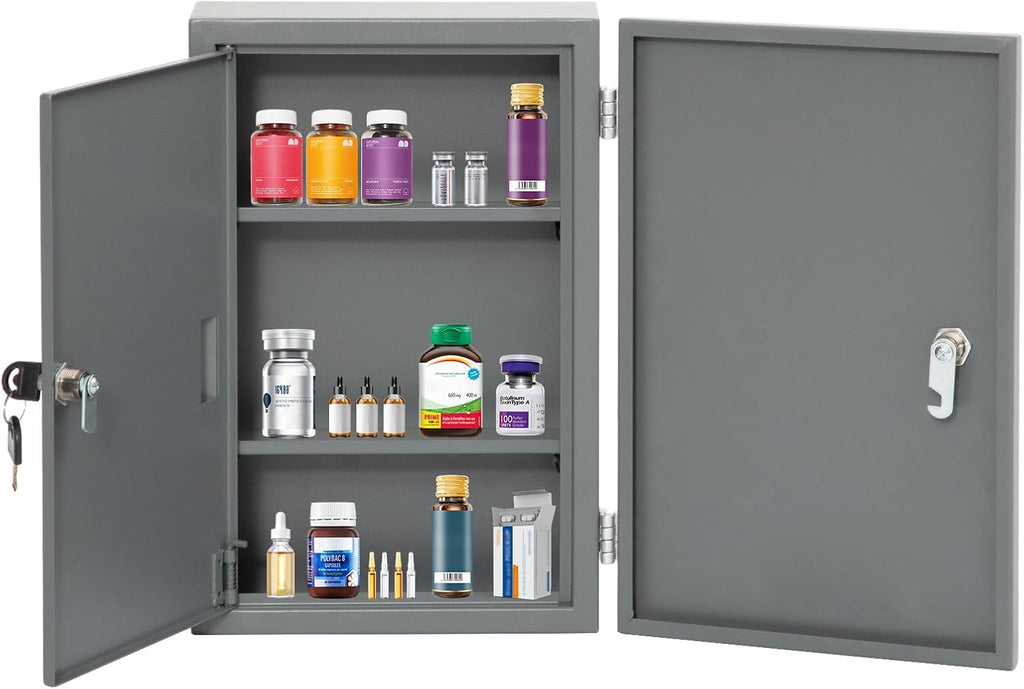 biosp First Aid Wall Mount Medicine Cabinet with Lock, Steel Drug Cabinet with Double Door, Locking Narcotics Safe, 3 Tier Emergency Box, Secure Steel Lock Box for Medication, Grey
