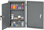 biosp First Aid Wall Mount Medicine Cabinet with Lock, Steel Drug Cabinet with Double Door, Locking Narcotics Safe, 3 Tier Emergency Box, Secure Steel Lock Box for Medication, Grey