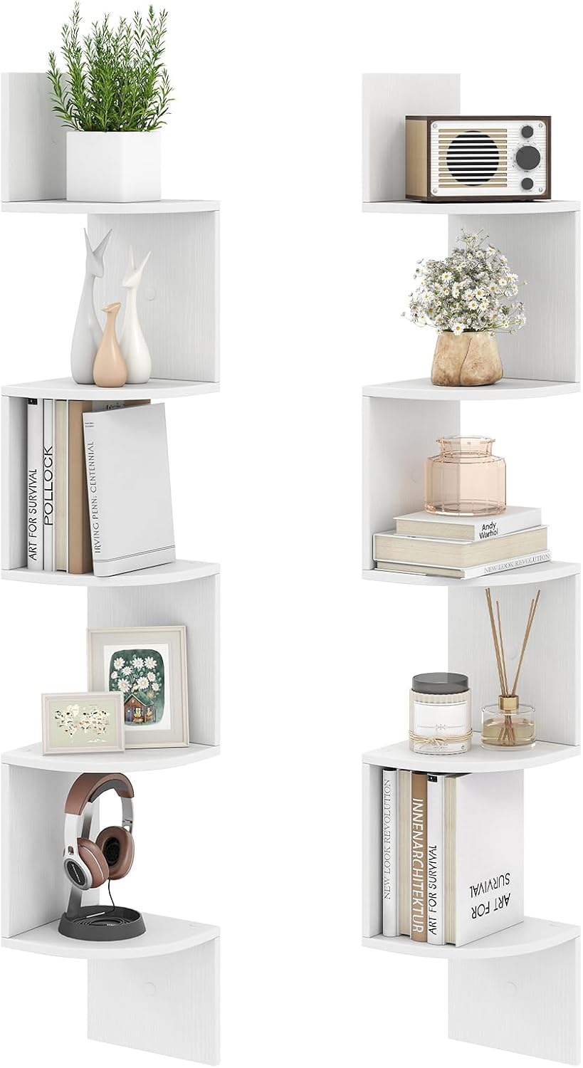 GIANTEX Corner Shelf Wall Mounted Set of 2, 5-Tier Floating Corner Bookshelf,...