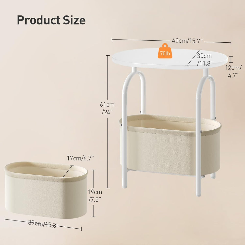 RALGEND Small Round Side Table with Fabric Basket Storage, Oval End Table for...
