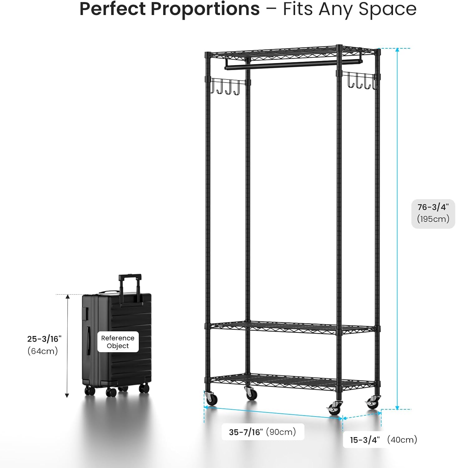Garment Rack Heavy Duty 3 Tiers Adjustable Freestanding Metal Rolling Clothing Rack with Double Rods and Side Hooks for Hanging Clothes, Black