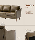 Kingfun 80" Faux Leather Sofa, 3 Seater Couch, Mid Century Modern Couches with Solid Wood Legs for Living Room & Bedroom, Olive Green