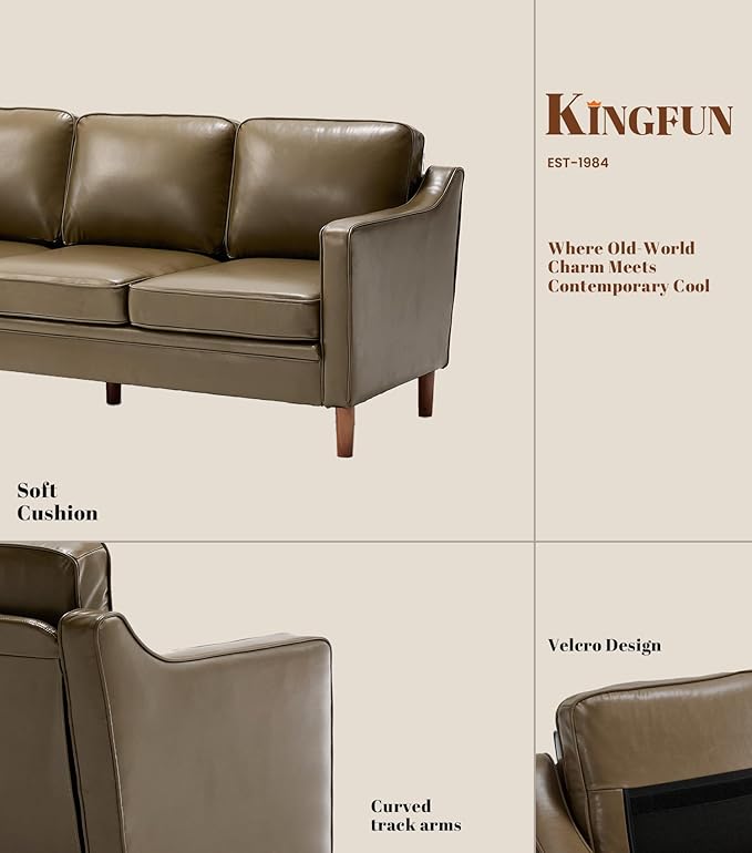 Kingfun 80" Faux Leather Sofa, 3 Seater Couch, Mid Century Modern Couches with Solid Wood Legs for Living Room & Bedroom, Olive Green