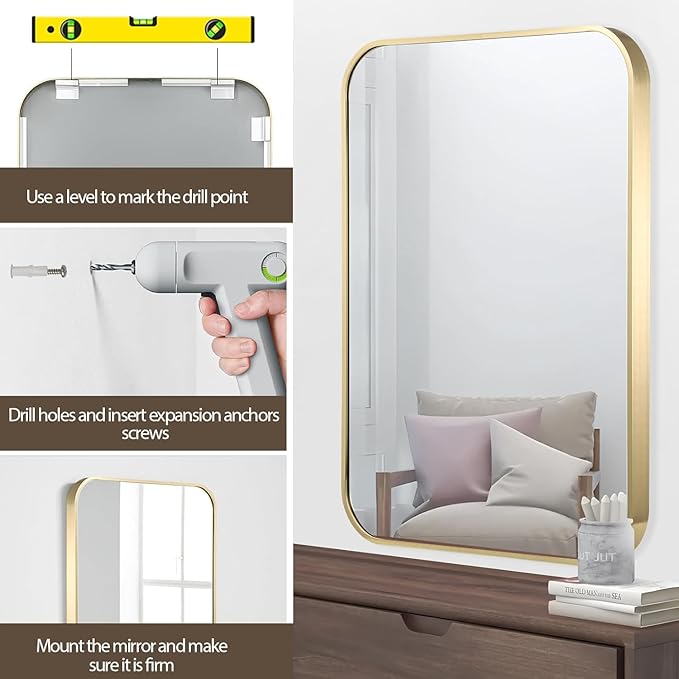 Gold Bathroom Mirror, 20x30 Inch Brushed Gold Mirror, Aluminum Alloy Framed Rectangle Bathroom Mirror for Over Sink, Anti-Rust Wall Mirror (Horizontally or Vertically)