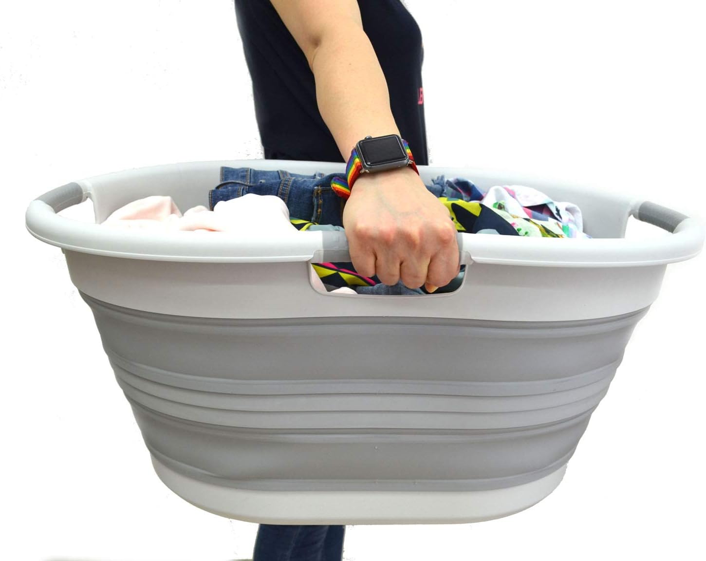 SAMMART 57L (15 Gallons) Collapsible 3-Handled Plastic Laundry Basket - Oval Tub - Portable Washing Tub-Space Saving Laundry Hamper, Water Capacity 44L / 11.6 Gallon (1, Grey)