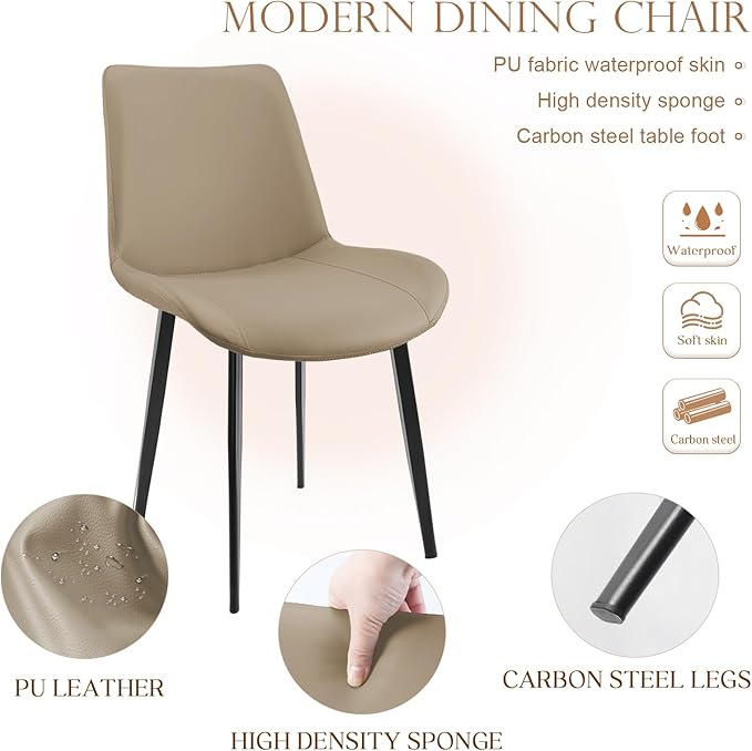 Dining Chairs, Modern PU Leather Dining Room Chair with Sturdy Metal Legs, Upholstered Seat Dinner Chairs Accent Side Chairs for Indoor Kitchen Living Room (Tan, Set of 2)