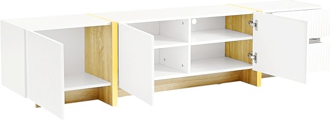 Ball & Cast Luxury Fluted TV Stand with Storage Cabinets for TVs up to 80", Modern Entertainment Center w/2 Drawers & Golden Wood Grain Leg, Media Console for Living Room,Bedroom,White