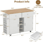 YOURLITE Kitchen Islands with Wheels, 45" Kitchen Island with Drop Leaf, Home Bar Table with Spice Rack & with Trash Cabinet, Rolling Island Table for Dining Room with Power Outlet, White