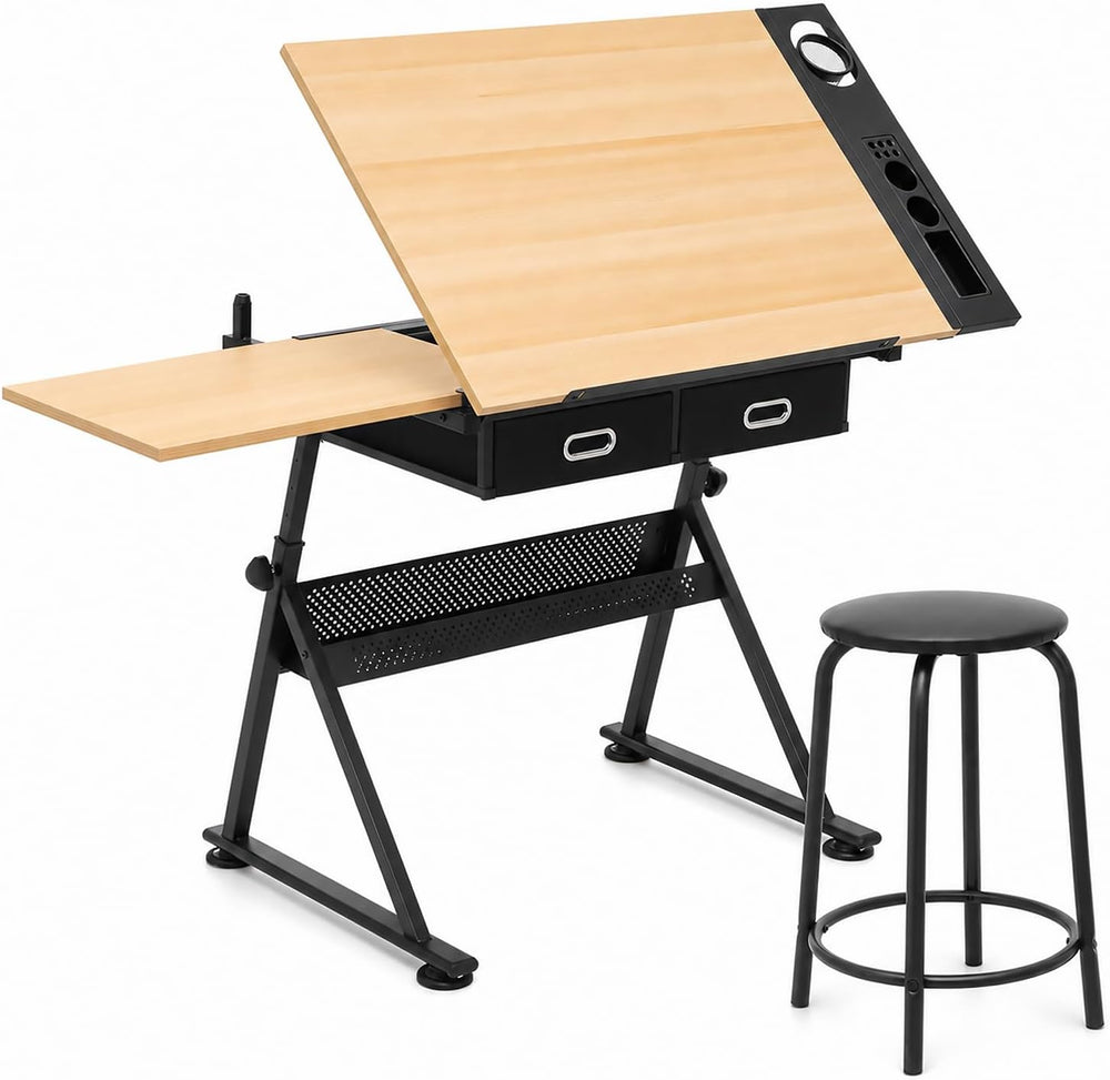 Athena Collection Wooden Drafting Table W/Stool, Tilting Art Desk, Natural