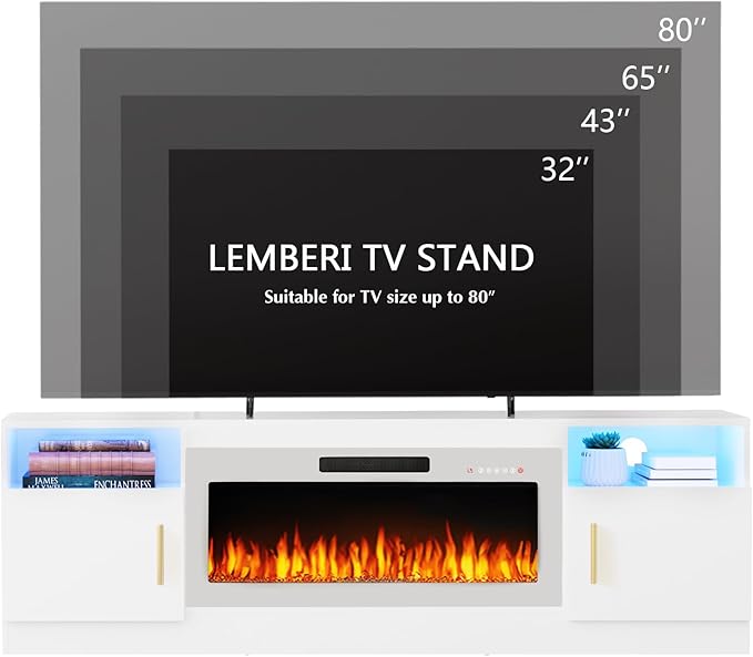 Lemberi Fireplace tv Stand with 36 inch White Fireplace Up to 80" TVs,LED Light Entertainment Center and Storage, 70" Modern Wood Media TV Console with Highlight Cabinet for Living Room