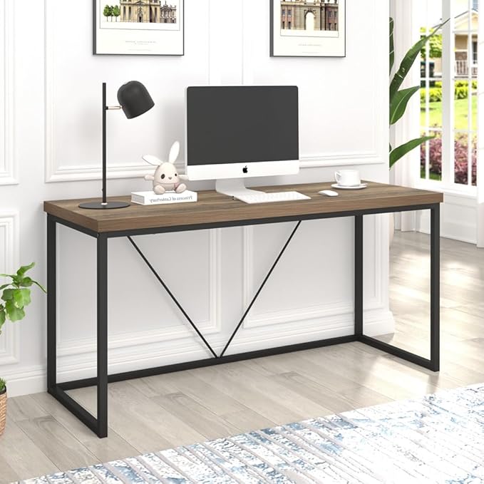 FOLUBAN Industrial Computer Desk, Rustic Wood and Metal Writing Desk, Vintage PC Table for Home Office, Oak 60 inch