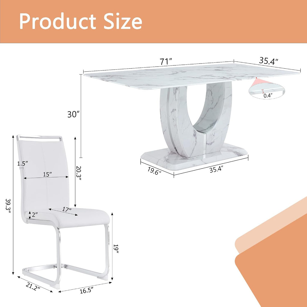 Dining Table Set for 6, Kitchen Table Chairs Set of 6, Modern Dining Room Set 71'' Faux Marble Dinner Table PU Leather Upholstered Chairs for Kitchen (White, 71”)