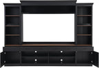 Farmhouse 4-Piece Entertainment Center with Bookshelf for TVs Up to 70", TV Stand with Adjustable Shelves, Mid-Century Media Console with Wine Rack for Living Room (Black+Dark Walnut1)