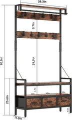 Hall Tree with Bench and Shoe Storage, Freestanding Entryway Coat Rack with 3 Fabric Drawers, 16 Hooks
