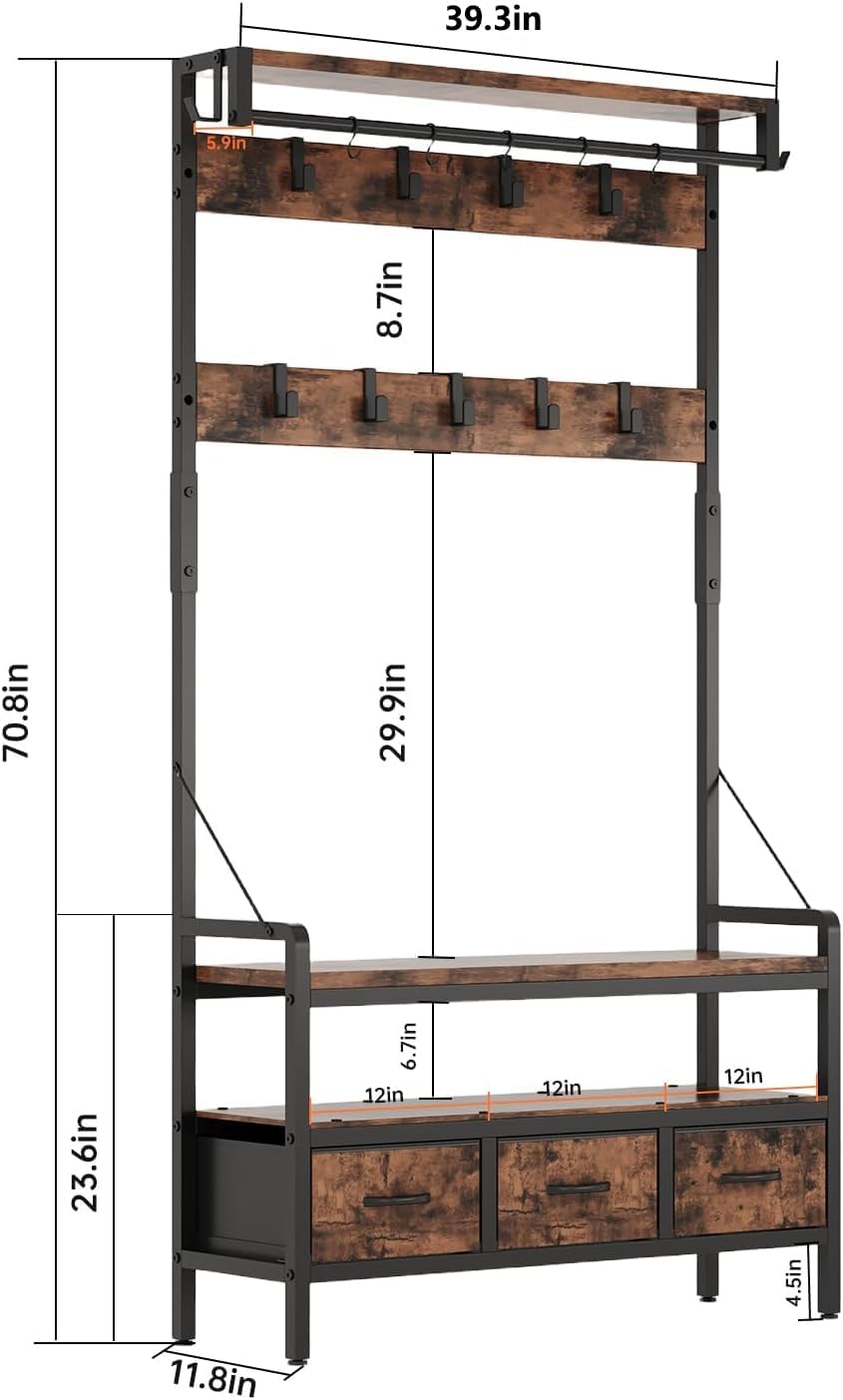 Hall Tree with Bench and Shoe Storage, Freestanding Entryway Coat Rack with 3 Fabric Drawers, 16 Hooks